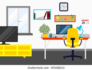 Graphic work room interior design. Illustration includes: TV, stand, personal computer, bookshelf, clock, etc. Flat style vector illustration.