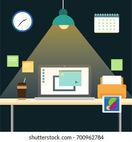 Graphic Work Space Vector Illustration. Freelance lifestyle and work at home.