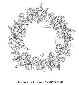 graphic wreath of meadow flowers. Coloring book flower isolated on white background. Linear Image