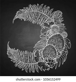 Graphic wreath of prehistoric plants drawn in engraving technique
