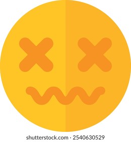 Graphic of a yellow emoticon face divided , with 'X' eyes and a squiggly mouth on each half, suggesting a displeased or unwell expression. Suitable for themes related to emotions, health, or design.