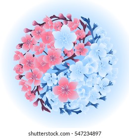 Graphic Yin Yang symbol made of sakura flowers. Traditional asian art. Vector floral vignette isolated on white background