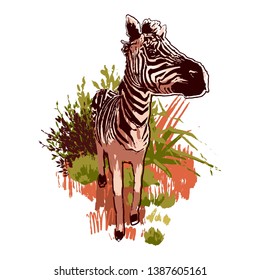 Graphic zebras walking forward in the steppe landscape. Vector illustration drawn in the technique of rough brush in calm colors