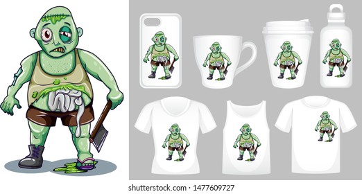 Graphic of zombie with axe on different product templates illustration