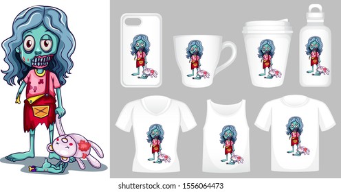 Graphic of zombie with doll on different types of product template illustration