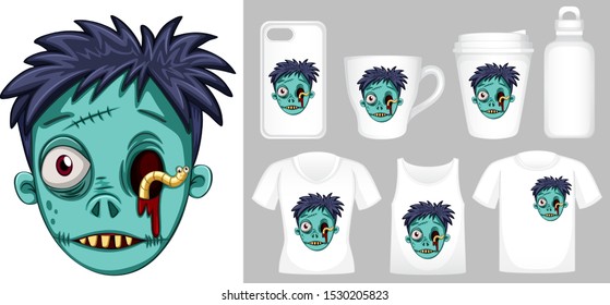Graphic of zombie head on different product templates illustration