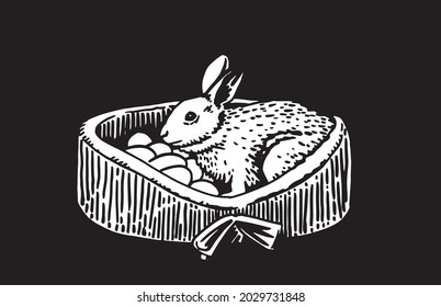 Graphical 3d bunny sitting in basket on black background,vector illustration for Easter design cards or St.Valentine Day