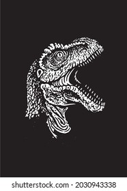 Graphical 3D illustration of tyrannosaurus portrait on black background, vector engraved ink pen illustration 