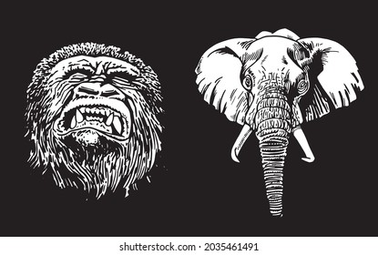 Graphical 3d portrait of gorilla and elephant on black background,vector engraved illustration