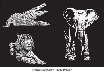 Graphical 3d set of African animals on black background, vector crocodile,elephant and tiger