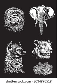 Graphical 3d set of african animals on black background,vector engraved illustration