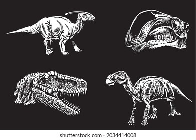Graphical 3d set of dinosaurs isolated on black background,vector engraved illustration
