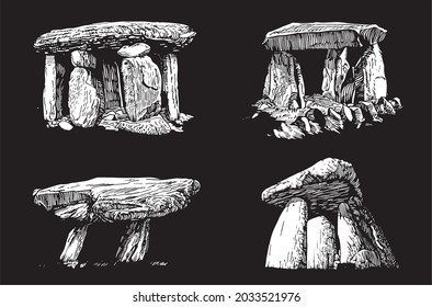 Graphical 3D set of dolmens on black background, vector elements