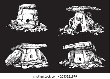Graphical 3D set of dolmens on black background, vector elements