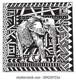 Graphical abstact illustration and elephant in the middle, ornamental background,vector illustration