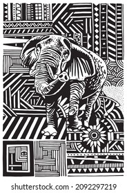 Graphical abstact illustration and elephant in the middle, ornamental background,vector illustration