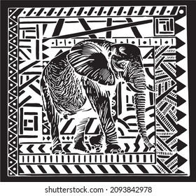 Graphical abstact illustration and elephant in the middle, ornamental background,vector illustration 