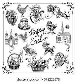 Graphical abstract decorative set (kit, group) with symbols of Easter holiday. Coloring book page.Suitable for invitation, flyer, sticker, poster, banner, card, label, cover, web. Vector illustration.