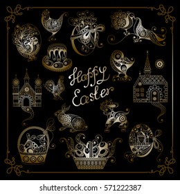 Graphical abstract decorative set (kit, group) with symbols of Easter holiday. Suitable for invitation, flyer, sticker, poster, banner, card, label, cover, web. Vector illustration.