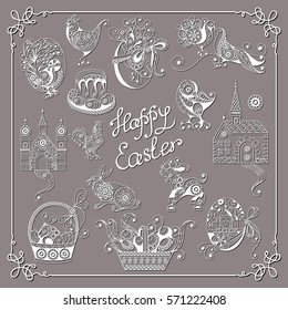 Graphical abstract decorative set (kit, group) with symbols of Easter holiday. Suitable for invitation, flyer, sticker, poster, banner, card, label, cover, web. Vector illustration.