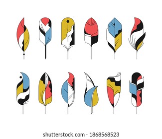 Graphical abstract isolated feathers' icons set.