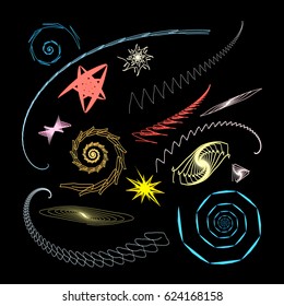Graphical abstract a set of glowing swirls and stars on a black background