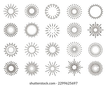Graphical abstract sunburst, hipster sun rays in circles. Burst, line explosion vintage logo design. Retro firework or sparks, neoteric vector set
