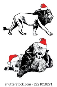 Graphical  animals in Santa Claus red hats isolated on white background. Christmas lion and pandas