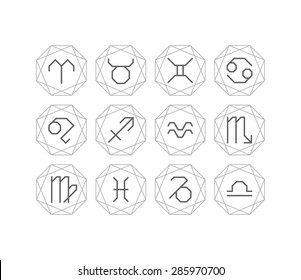 Graphical astrological symbols, polygonal linear zodiacal signs, line icons 