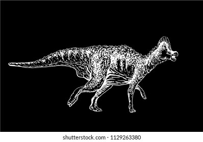 Graphical auroraceratops isolated on black background,vector sketchy illustration for tattoo and printing