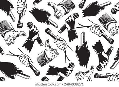 Graphical background with hands holding microphone and smartphone  on white background, vector illustration.	