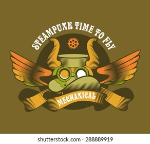 Graphical badge Steam punk hat with horns adorned banners and ribbons