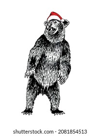 Graphical bear standing in Santa Claus hat isolated on white background,vector illustration
