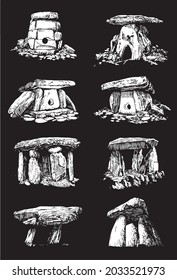 Graphical big 3D set of dolmens on black background, vector elements