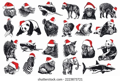 Graphical big collection of animals in Santa Claus red hats isolated on white background. Christmas elements for design