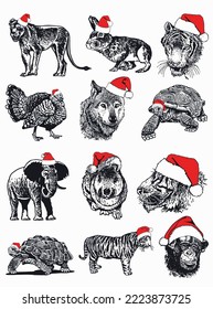 Graphical big collection of animals in Santa Claus red hats isolated on white background. Christmas elements for design