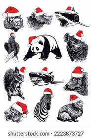 Graphical big collection of animals in Santa Claus red hats isolated on white background. Christmas elements for design