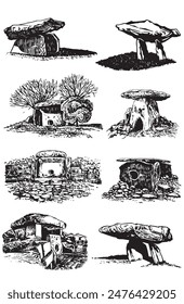 Graphical big collection of dolmens from Caucasus , Korea, India on white background,vector illustration	