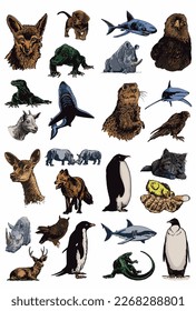 Graphical big color set of animals isolated on white,vector elements for design,books and printing