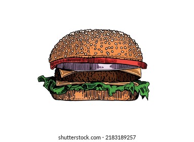 Gran hamburguesa gráfica con chuleta y lechuga, cebolla y tomate , elemento de comida rápida vectorial para el diseño, ilustración de color 