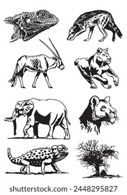 Graphical big set of African animals on white background, vector illustration