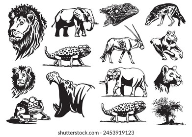 Graphical big set of African animals on white background, vector illustration 