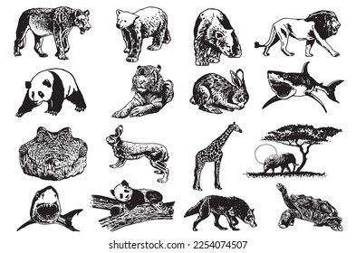 Graphical big set of animals isolated on white background,vector illustration. Zoology. Elements for design