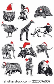 Graphical big set of animals in Santa Claus red hats isolated on white background. Christmas elements