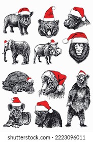 Graphical big set of animals in Santa Claus red hats isolated on white background. Christmas elements