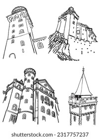 Graphical big set of castles from Germany isolated on white,vector sketchy illustration. Historical buildings