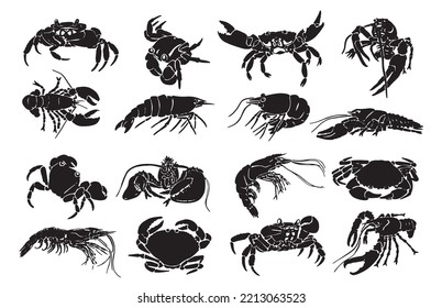 Graphical big set  of crabs,shrimps and lobsters isolated on white background,vector illustration, sea-food