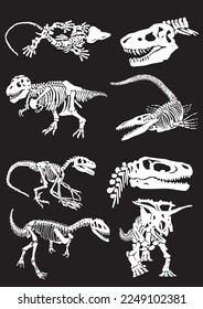 Graphical big set of dinosaurs isolated on black background, vector illustration.