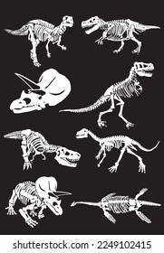 Graphical big set of dinosaurs isolated on black background, vector illustration.