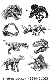 Graphical big set of dinosaurs isolated on white background,vector illustration,tattoo  designs.